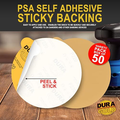 Dura-Gold 6" Gold PSA Sanding Discs, Grits 80, 120, 220, 320, 400, 10 Each - size: Variety Pack