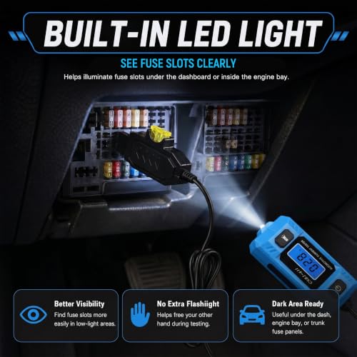 Automotive Circuit Fault Probe Tester, 20A 48V Car Circuit Tester, 0.01A Resolution Inline Current Monitor with Backlit LCD & LED Work Light, Mini & Standard Blade Fuse Compatible