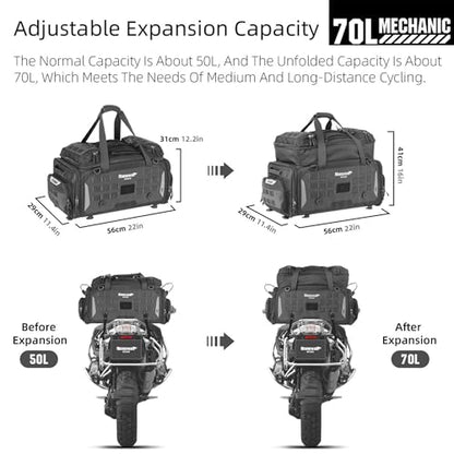 Rhinowalk Motorcycle Tail Bag - Expandable 50-70L Travel Luggage, Sport Saddle Bag, Waterproof Helmet Bag with Rain Cover, Backpack & Molle System-Black - color: Black 50-70L