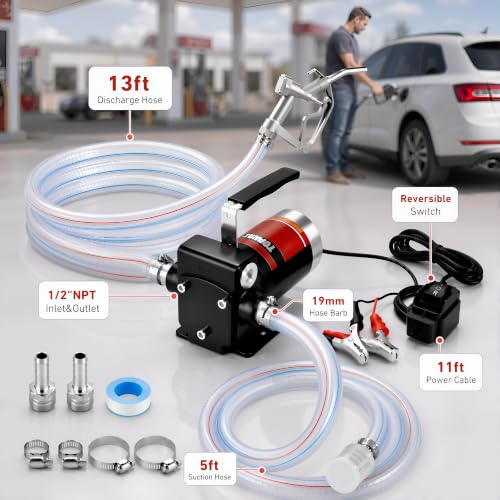 TOPWAY 12V DC Gasoline Fuel Pump Kit, Self-priming Oil Transfer Pump with Handle, Reversible Pumping, Overheat Protection, Explosion-Proof, Oil Hose, Nozzle for Gasoline Fuel Diesel Kerosene Removal - style: 12V 3.7GPM KIT