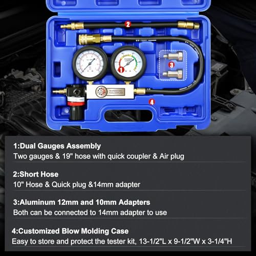 JIFETOR Cylinder Leak Down Tester Kit Professional Dual Pressure Gauges - color: Blue