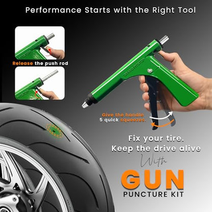 GRAND PITSTOP Tubeless Tire Gun Puncture Repair Kit with Mushroom Plug for Tyre Punctures and Flats on Cars, Motorcycles, ATV, Trucks & Tractors (Gun Puncture kit 15 Plugs, Green) - color: Gun Kit+ 15 Plugs
