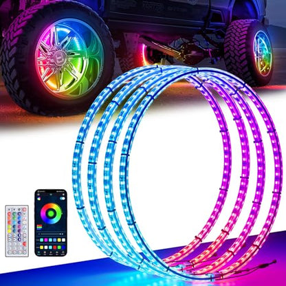 Ehaho 17" Double Row Wheel Lights, Brighter RGB Dream Chasing LED Rim Lights with App & Remote Control, Music Wheel Ring Light with Turn & Braking Signal Compatible with Various Trucks SUV Car（4PCS） - size: 4 Wheel-17" 2-Row Dream Chasing