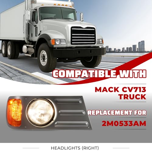 HECASA Right Headlight Compatible with Mack CV713 Truck w/Bulbs - color: Clear Lens Gray Bezel, size: Right