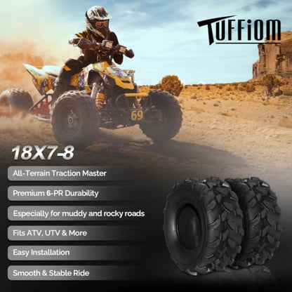 TUFFIOM Set of 2 ATV UTV Tires, 18x7-8, 6PR All-Terrain Mud Tires with Directional Tread, Drainage, Strong Srip and Snow-breaking for Rainy/Snowy Areas, Tubeless Trail Tire - size: 18x7.00-8 (2 pack)