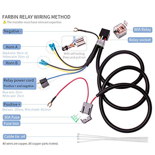 FARBIN 12V 80A Horn Wiring Harness Relay Kit and Push Button with Wire - color: Wiring harness+button, size: 12V