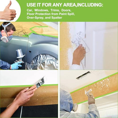 Pre-Taped Masking Paper for Painting-12 inch x 50 feet Tape and Drape for Painting, Painters Paper for Automotive Paint Masking, Floor Protection,Wall Covering（1 roll）