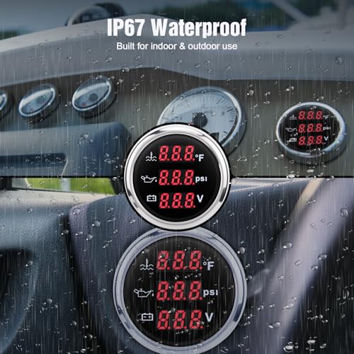 Triple Gauge Set 3in1,Water Temp (104°F-248°F), Oil Pressure (0-145PSI), Voltmeter (9-32V), AUTO Gauge with Digital Display Alarms for Cars Trucks Boats (Red) - color: Red