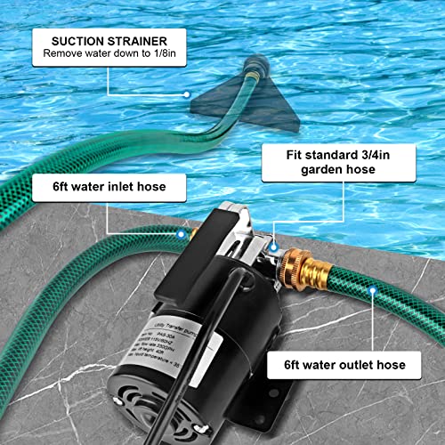 Water Transfer Pump, 115V 1/10HP Electric Utility Pump with On/Off Switch 2 * 6 ft Water Hoses Kit for Removing Water from Garden Pools Aquariums Hot Tub Draining 1/8’’ Low Suction for Rain Barrel - color: Black