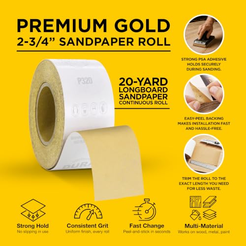 Dura-Gold Gold PSA Longboard Sandpaper, 240 Grit, 20 Yard Roll, 2-3/4" Wide - size: 240-Grit