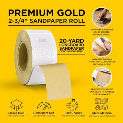 Dura-Gold Gold PSA Longboard Sandpaper, 240 Grit, 20 Yard Roll, 2-3/4" Wide - size: 240-Grit