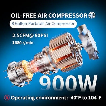 8 Gallon Portable Air Compressor 1HP 2.5 CFM@90PSI 60dB Ultra Quiet Oil Free Air Compressor Ideal for Tire Inflation Pneumatic Tool Spray Painting