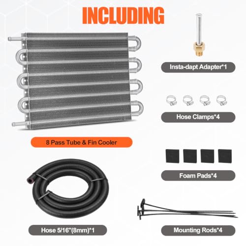 8 Pass Aluminium Transmission Oil Cooler, 5/16" Universal 8 Rows Tube and Fin Cooler Kit engine with Hose Mounting, Silver - color: silver