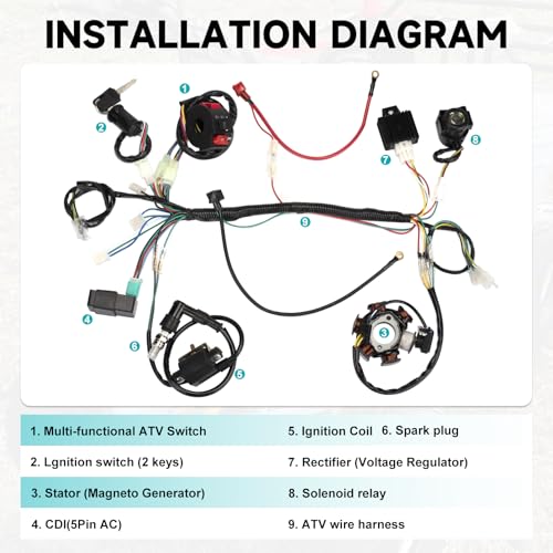 Complete Wiring Harness Kit for Tao tao 50cc 70cc 90cc 110cc 125cc ATV Quad Electric 4 Wheeler Stroke Parts Go Kart with 6-Pole Stator CDI Spark Plug Relay