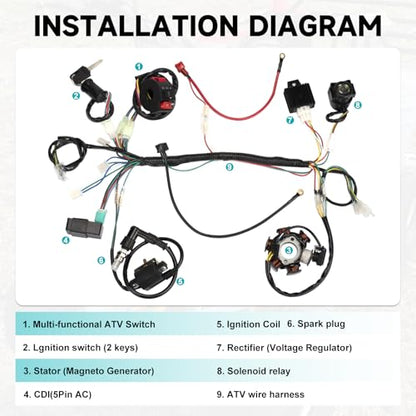 Complete Wiring Harness Kit for Tao tao 50cc 70cc 90cc 110cc 125cc ATV Quad Electric 4 Wheeler Stroke Parts Go Kart with 6-Pole Stator CDI Spark Plug Relay
