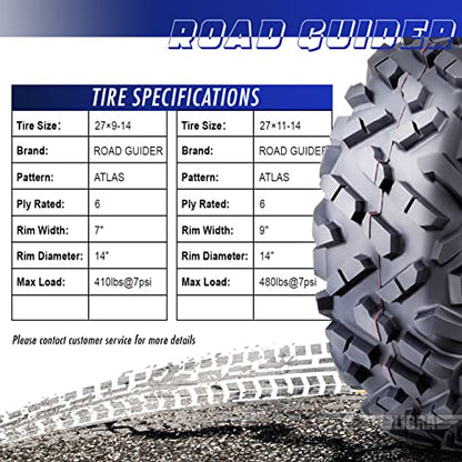 ROADGUIDER Set4 ATV UTV Tires 27x9-14 Front & 27x11-14 Rear 6PR All Terrain - size: 27x9-14 & 27x11-14