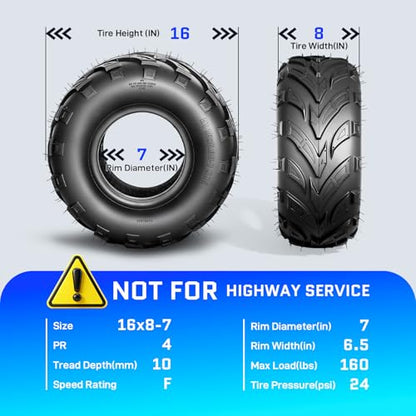 16x8-7 Go Kart Tires,4PR Mini Bike Tires,Tubeless,Pack of 2 - size: 16x8x7