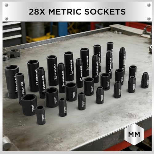 SWANLAKE 1/4" Drive Impact Socket Set, 56-Piece Standard SAE (5/32 to 9/16 inch) and Metric (4-15mm) Size, 6 Point, Cr-V, 1/4-Inch Drive Ratchet Handle, Drive Extension Bar, Impact Universal Joint - style: 1/4'' 56PCS