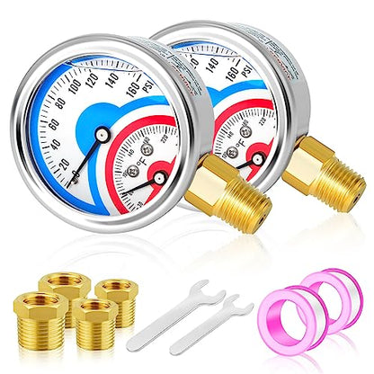 MEANLIN MEASURE 2PCS 0-160Psi Stainless Steel Thermal Pressure Gauge 30-250℉ 1/4" NPT 2.5" FACE DIAL Liquid Filled Pressure Gauge, with 1/2" NPT and 3/8" NPT Hex Bushing, Lower Mount - size: Lower Mount, style: Liquid Filled/2PCS