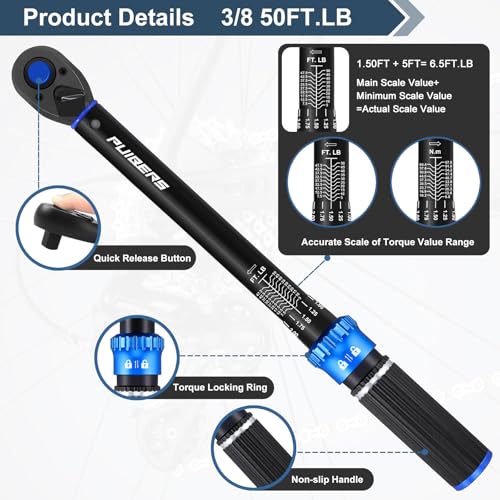 Torque Wrench 3/8 drive, 3/8 Inch Drive Click Torque Wrench Moto 5-50 FT.LB/6.8-67.8 Nm,Dual-Direction Adjustable 72 Tooth, Mechanic Wrenches Tools for Bike, Motorcycle and Car Repair - size: 3/8" 5-50 FT.LB
