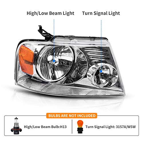 DWVO Halogen Headlight Assembly Compatible with 2004 2005 2006 2007 2008 Ford F150 Pickup 2006 2007 2008 Lincoln Mark LT Passenger and Driver Side Chrome Housing Amber Reflector - color: A Chrome Housing Amber Reflector Clear Lens, size: OE Replacement