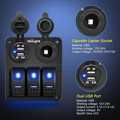 Nilight - 90115C 3 Gang Rocker Switch Panel Waterproof Pre-Wired Aluminum Switch Panel with Dual USB Charger Socket & Cigarette Lighter Socket 12V 24VDC ON Off Switch Panel for Cars Rvs Trucks
