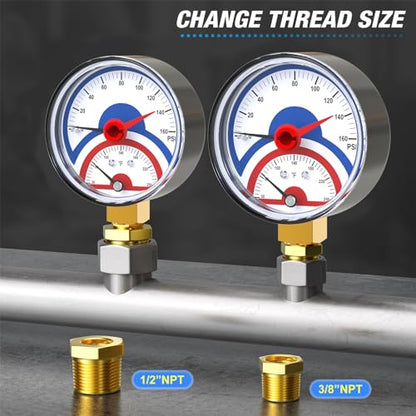 MEANLIN MEASURE 0-160Psi Thermal Pressure Gauge,0-250℉ 1/4" NPT 2.5" FACE DIAL, Boiler Temperature Pressure Gauge with Reset Pointer, with 1/2" NPT and 3/8" NPT Hex Bushing, Lower Mount - size: Lower Mount, style: Dry