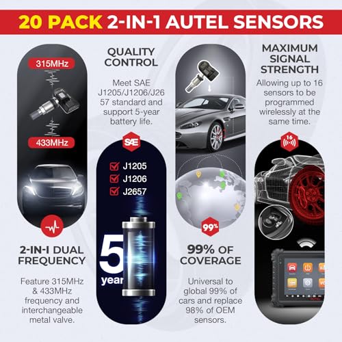Autel MaxiTPMS MX Sensors 20 PCS: 2026 20 Pack Metal Stem 315/433MHz TPMS Sensors, Universal Tire Sensor Programmed by TPMS Tool TS408S TS508WF Kit MS906 Pro-TS MK808TS MS906TS MP900TS MK900TS