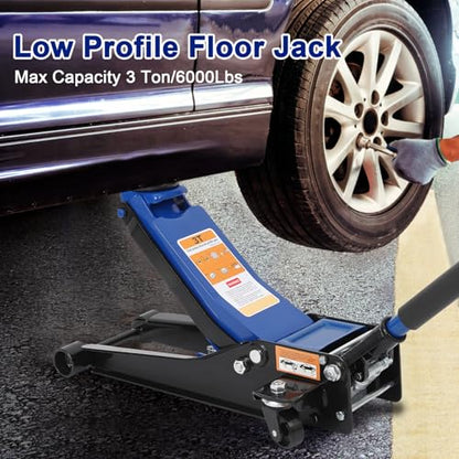 3 Ton Heavy Duty Low Profile Floor Jack, Dual Pump Hydraulic Jack with 3"-19.5" Lifting Range & Long Handle for Cars, Trucks, SUV, Garage Jack with Safety Lock, Blue