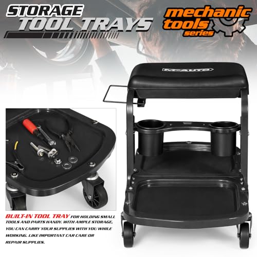 M-AUTO Garage Roller Seat Heavy Duty Rolling Shop Mechanic Creeper/Shop Stool with Tool Tray and Equipment Rack, 300LBS Capacity Creeper Seat with 5 Rollers for Detailing Car, Red