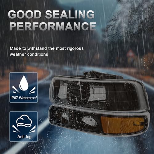 KUIPERAUTO Headlight Assembly Front Lamp Compatible with 1999-2002 Chevrolet Silverado 1500 2500 2000-2006 Suburban 1500 2500 Tahoe Black Housing/Smoked lens/Amber Corner w/Bulb - color: Black/Smoked/Amber