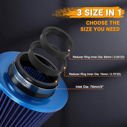 3" Cold Air Intake Filter with 65mm/2.55", 70mm/2.75" Reducer Ring Flange Diameter 3inch/76mm Air Intake Filter Kit - Blue - color: blue
