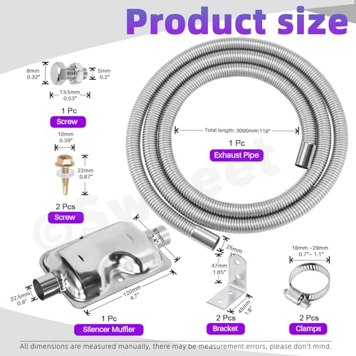 Swpeet 8Pcs 1" x 118" - 25mm x 300cm Stainless Steel Diesel Heater Exhaust Pipe and Exhaust Silencer Muffler with 18mm-29mm Hose Clamps Kit, Fuel Tank Diesel Gas Vent Hose Exhaust Tubing for Car - size: 300cm With Exhaust Muffler