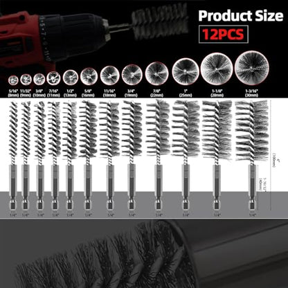 12Pc Stainless Steel Wire Bore Brush for Power Drill Cleaning 5/16"-1-3/16" - size: 5/16"-1-3/16"