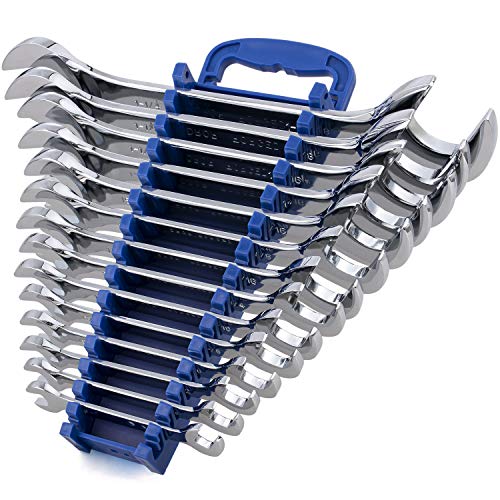14-Piece Premium Angle Head Open End Wrench Set, Chrome Vanadium Steel | Include Standard Inch Sizes 3/8, 7/16, 1/2, 9/16, 5/8, 11/16, 3/4, 13/16, 7/8, 15/16, 1, 1-1/16, 1-1/8, 1-1/4 with Storage Rack - style: SAE 14-Piece Set