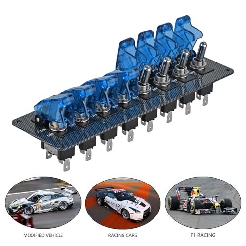8 LED Racing Car Toggle Switch Panel 12V DC, Carbon Fiber Coated Aluminum Plate, Safety Cover Protection, Suitable for car, Truck, Ship Modification (8 Blue Switches) - color: Blue