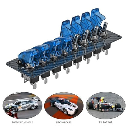 8 LED Racing Car Toggle Switch Panel 12V DC, Carbon Fiber Coated Aluminum Plate, Safety Cover Protection, Suitable for car, Truck, Ship Modification (8 Blue Switches) - color: Blue