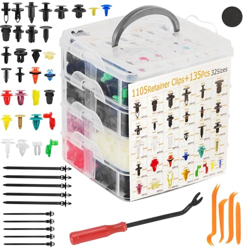 1240Pcs Car Retainer Clips & Fasteners Kit – 32 Universal Sizes Nylon Bumper, Fender Rivets, Door Panel Clips, and Plastic Rivets with 10 Cable Ties and Removal Tool for Toyota, Ford, Benz (1240pcs) - style: 1240pcs