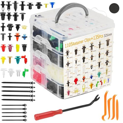 1240Pcs Car Retainer Clips & Fasteners Kit – 32 Universal Sizes Nylon Bumper, Fender Rivets, Door Panel Clips, and Plastic Rivets with 10 Cable Ties and Removal Tool for Toyota, Ford, Benz (1240pcs) - style: 1240pcs