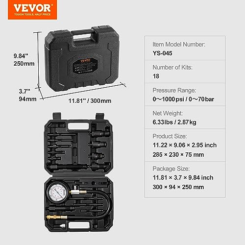 VEVOR Diesel Engine Compression Tester, 18 pcs Cylinder Pressure Test Tool Kit, with 0-1000 psi Gauge and Adapters, Diesel Injector Tester Check Cylinders in Diesel Trucks, Tractors, Equipment