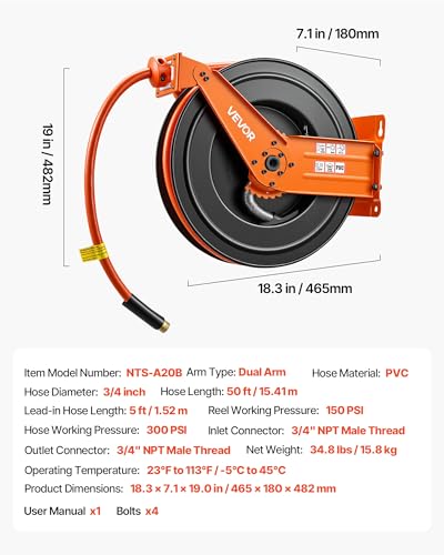 VEVOR Retractable Air Hose Reel, 3/4 Inch x 50 FT PVC Air Hose Max 300PSI, Auto Rewind Air-Compressor Hoses Reel with 5 ft Lead in, Ceiling/Wall Mount Heavy Duty Steel Double Arm - size: 3/4 in x 50 ft