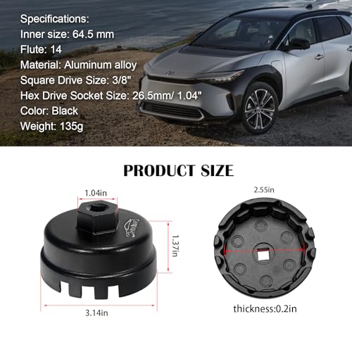 3mirrors 64mm Aluminum Oil Filter Cap Wrench Tool Compatible with Toyota Lexus Camry Corolla Highlander RAV4,14 Flute Oil Filter Removal Tool-6 Slots
