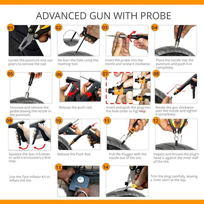 GRAND PITSTOP Tubeless Tire Gun Puncture Repair Kit with Mushroom Plug for Tyre Punctures and Flats on Cars, Motorcycles, ATV, Trucks & Tractors (Gun Puncture Kit with Hole 15 Plugs, Black) - color: Gun Puncture With Hole+30 Plugs
