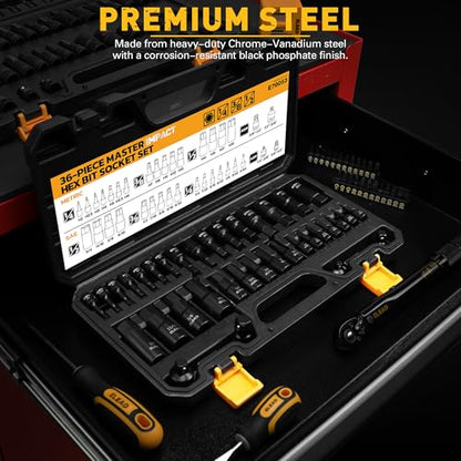 36-Piece Impact Hex Bit Socket Set Includes Socket Adapter, 1/4", 3/8", 1/2", SAE and Metric, H2-H19 & 3/4"-5/64", Cr-V Steel, Reinforced Storage Case, Automotive Mechanic Professional Tool Set - color: 36-piece Black