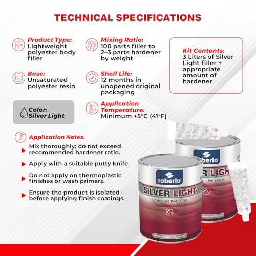 Roberlo Silver Light Multipurpose Body Filler 3L, Pack of 2, Easy Sanding, Strong Adhesion, Smooth Finish for Automotive Repair - size: 100 Fl Oz (Pack of 2)