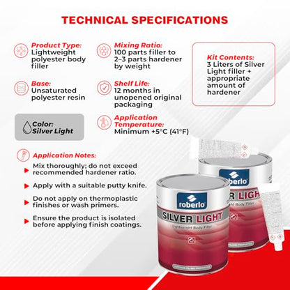 Roberlo Silver Light Multipurpose Body Filler 3L, Pack of 2, Easy Sanding, Strong Adhesion, Smooth Finish for Automotive Repair - size: 100 Fl Oz (Pack of 2)