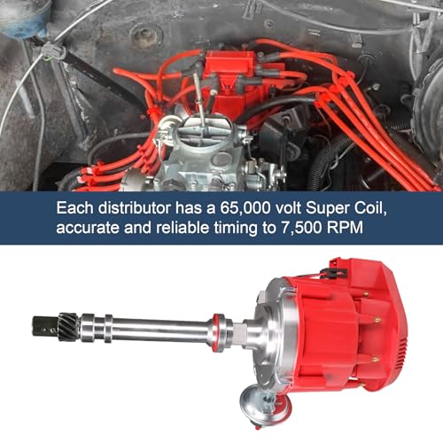 HEI Distributor Replacement For Chevy SBC BBC 283 305 307 327 350 400 small blocks 396 427 454 big blocks V8 65k Coil 7500RPM Red Cap Super Coil Racing Ignition Distributor Replace JM6500R PE350R