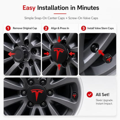 4 Pack Wheel Center Cover for Tesla Model 3 & Model Y,56mm Hubcaps Wheel Rim Cover Tesla Center Caps Hubcaps+4 Car Valve Stem Caps (Matte Black+Red Emblem) - color: Matte Black+Red Emblem