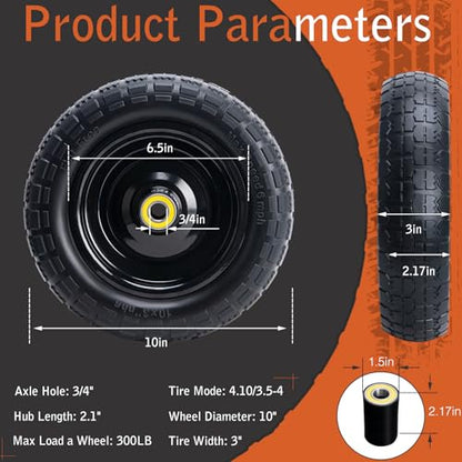 10" Solid Rubber Tires, 4.10/3.50-4 Tire and Wheel Flat Free, 2-Pack with 3/4" Bearings, 2.17"Offset Hub for GOR Garden Cart, Wheelbarrow, Trolleys, Hand Trucks & Yard Trailers - size: 10in-3/4in