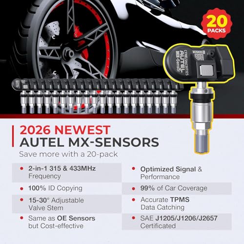 Autel MaxiTPMS MX Sensors 20 PCS: 2026 20 Pack Metal Stem 315/433MHz TPMS Sensors, Universal Tire Sensor Programmed by TPMS Tool TS408S TS508WF Kit MS906 Pro-TS MK808TS MS906TS MP900TS MK900TS